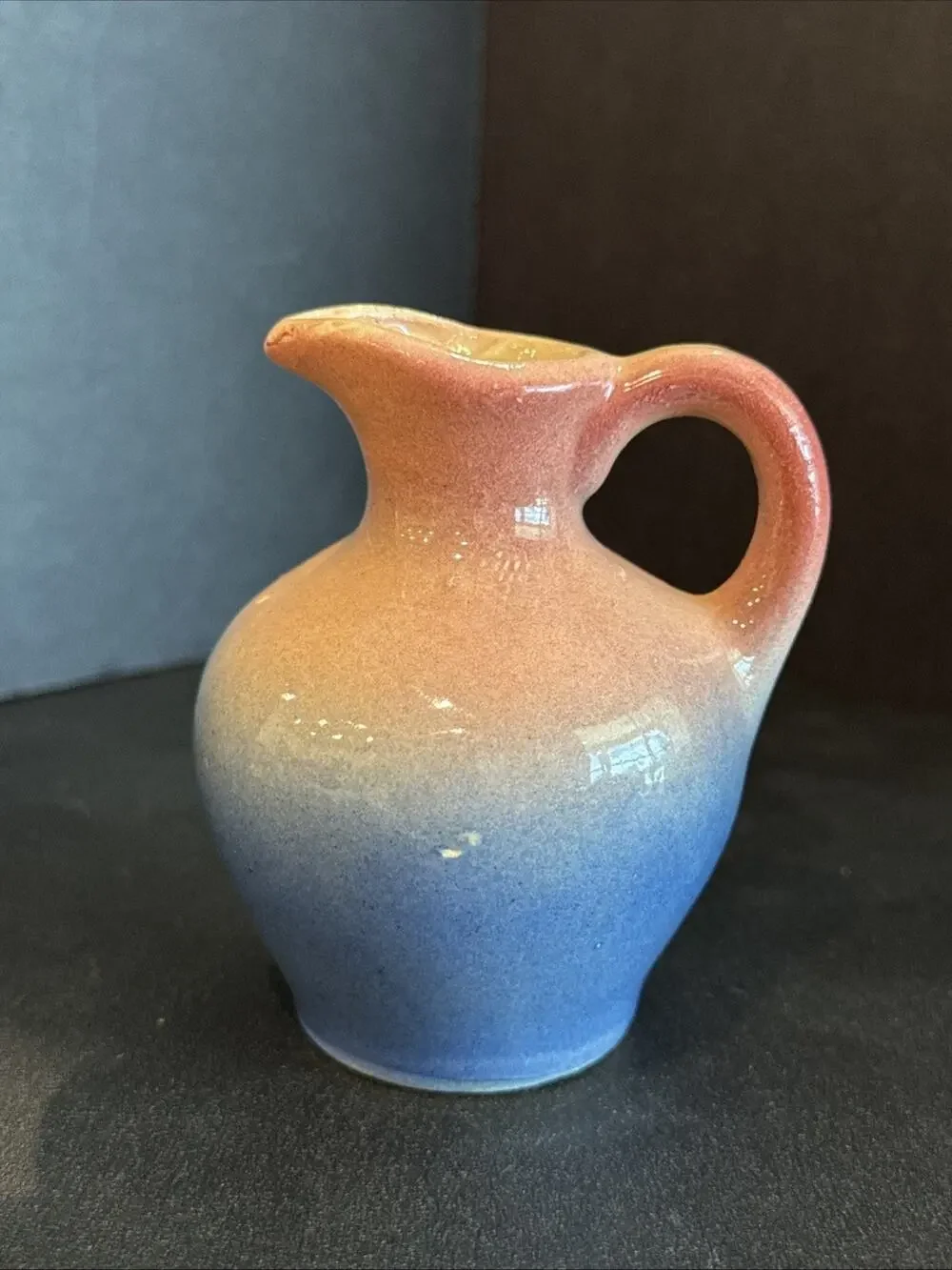 Vintage Pottery Mini Pitcher Blue Pink Ombre Glaze Bud Vase 3” Rustic